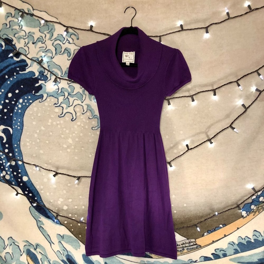 Pink Rose Purple Knit Sweater Dress Cowl Neck M